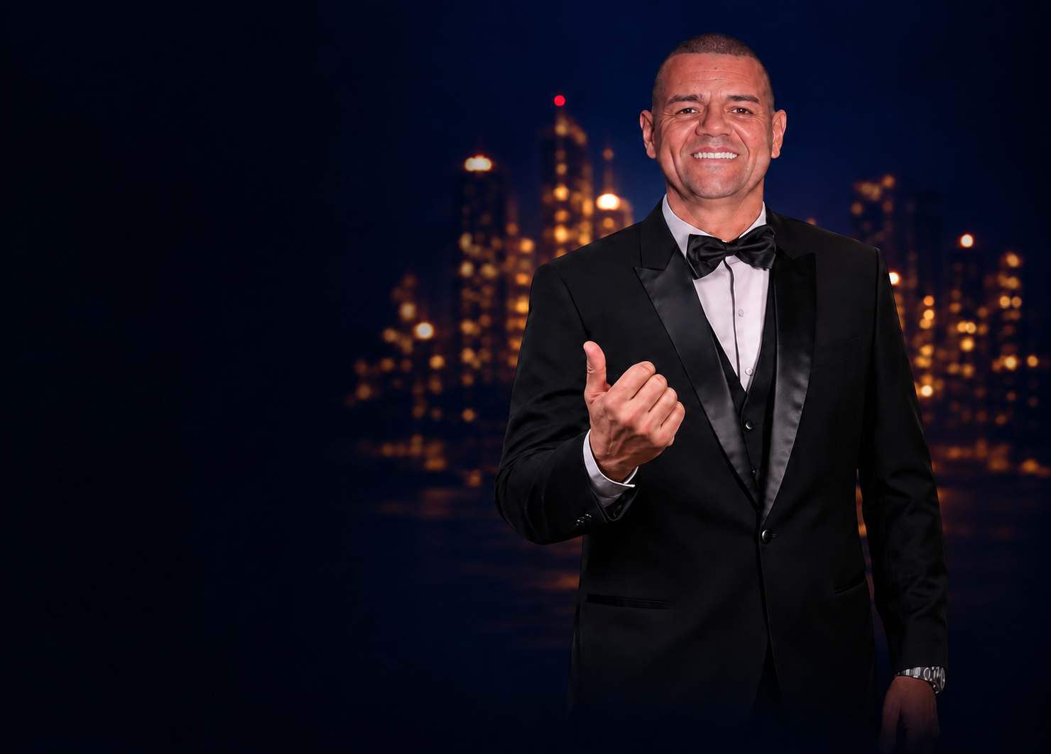 Pastor Marcos Alves de smoking preto, sorrindo